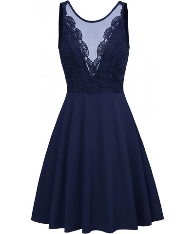 Women Sleeveless Lace Patchwork Deep V-Neck A Line Flared Party Dress Dark Blue $25.01 Dresses