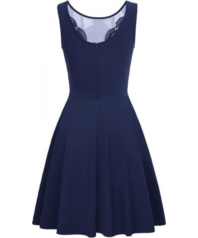 Women Sleeveless Lace Patchwork Deep V-Neck A Line Flared Party Dress Dark Blue $25.01 Dresses