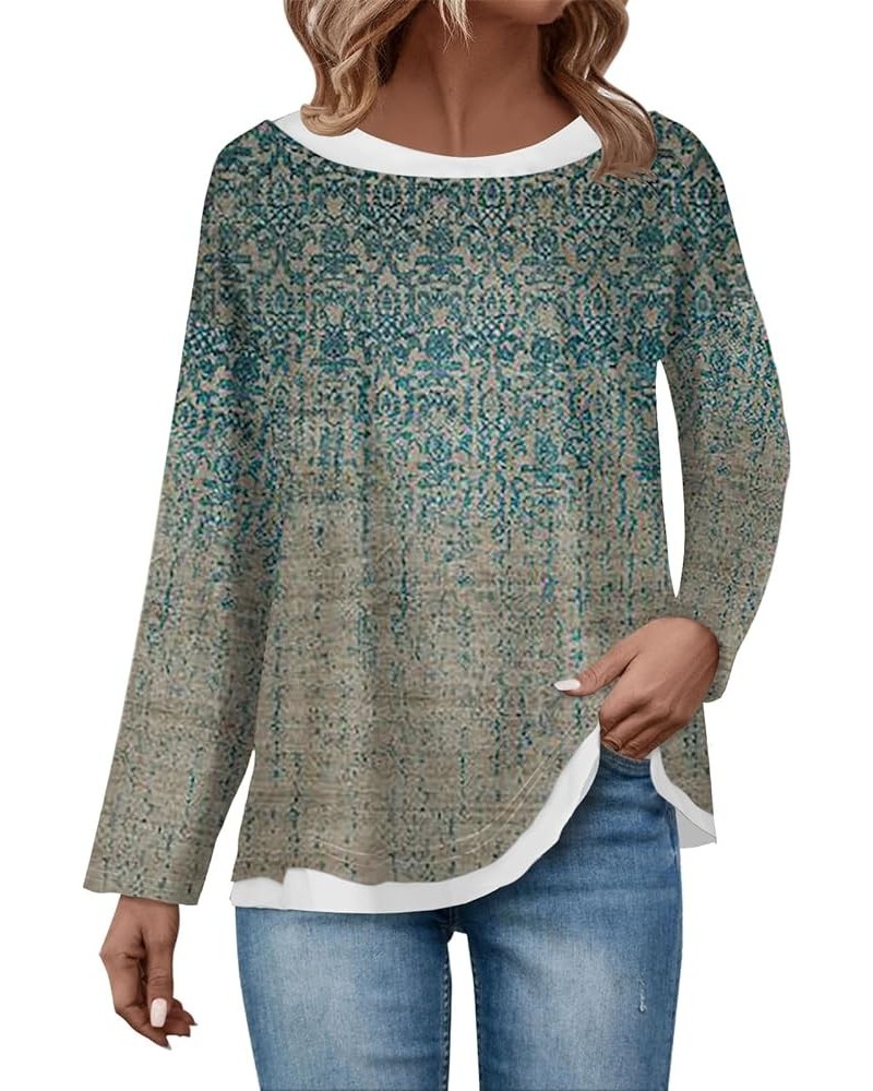 Womens Long Sleeve Tops Fall Ethnic Floral Double Layers Long Sleeve Shirt Crewneck Blouses Winter Graphic Sweatshirts A07-cy...