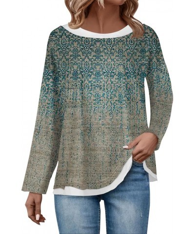 Womens Long Sleeve Tops Fall Ethnic Floral Double Layers Long Sleeve Shirt Crewneck Blouses Winter Graphic Sweatshirts A07-cy...