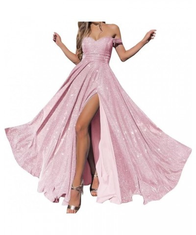 Off Shoulder Prom Dresses for Women 2023 Glitter Sparkly Split Long Formal Evening Party Gowns with Pockets Blush Pink $41.30...