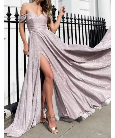 Off Shoulder Prom Dresses for Women 2023 Glitter Sparkly Split Long Formal Evening Party Gowns with Pockets Blush Pink $41.30...