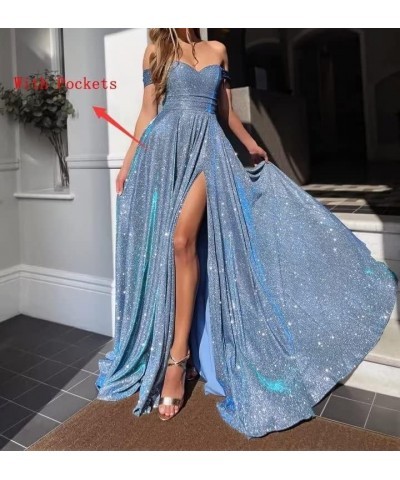 Off Shoulder Prom Dresses for Women 2023 Glitter Sparkly Split Long Formal Evening Party Gowns with Pockets Blush Pink $41.30...