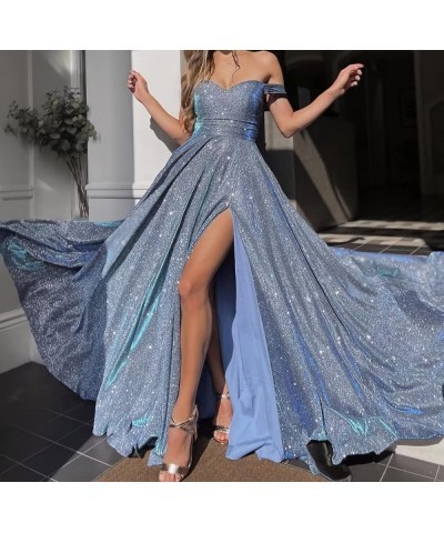 Off Shoulder Prom Dresses for Women 2023 Glitter Sparkly Split Long Formal Evening Party Gowns with Pockets Blush Pink $41.30...