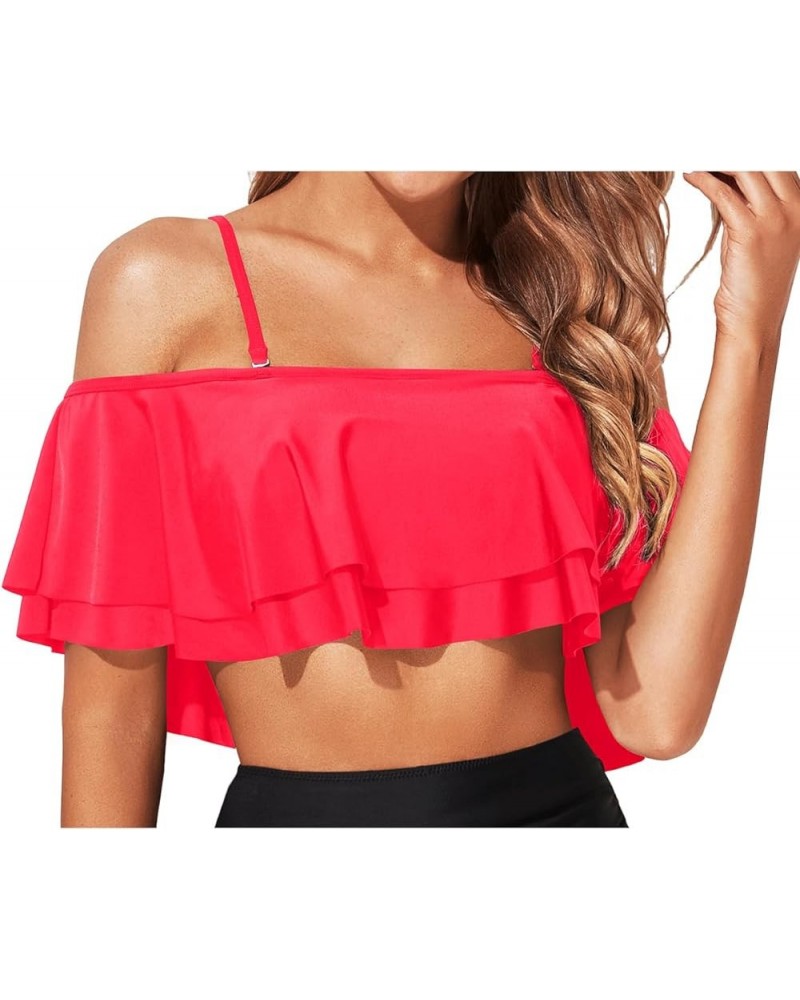 Ruffle Bikini Top Off Shoulder Swim Top Flounce Swimsuit Top for Women Neon Red $13.86 Swimsuits