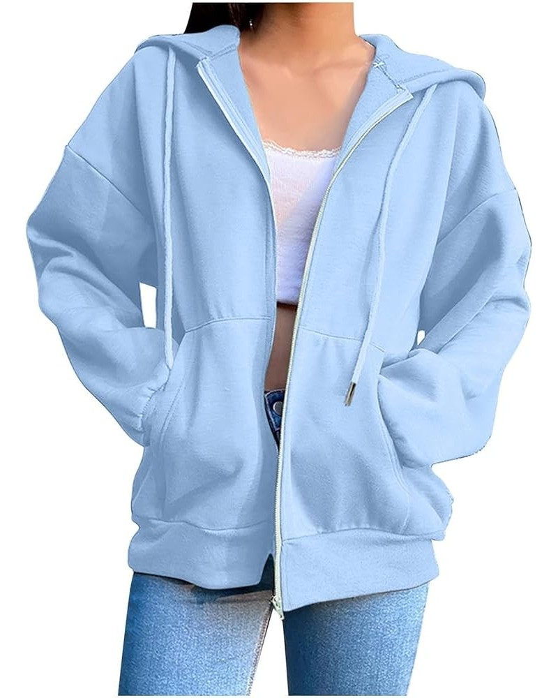 Women's Oversized Long Sleeve Zip Up Hooded Sweatshirts Drawstraing Casual Pullover Fall Fashion Y2K Sweatshirts 05 Light Blu...