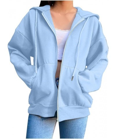 Women's Oversized Long Sleeve Zip Up Hooded Sweatshirts Drawstraing Casual Pullover Fall Fashion Y2K Sweatshirts 05 Light Blu...