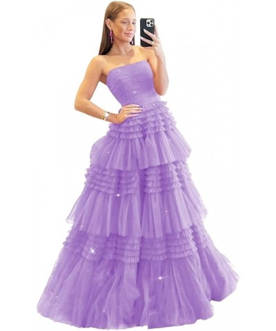 Tiered Tulle Prom Dresses Long Ball Gowns Strapless Formal Dress for Women Evening Party Gowns with Slit Lilac $35.64 Dresses