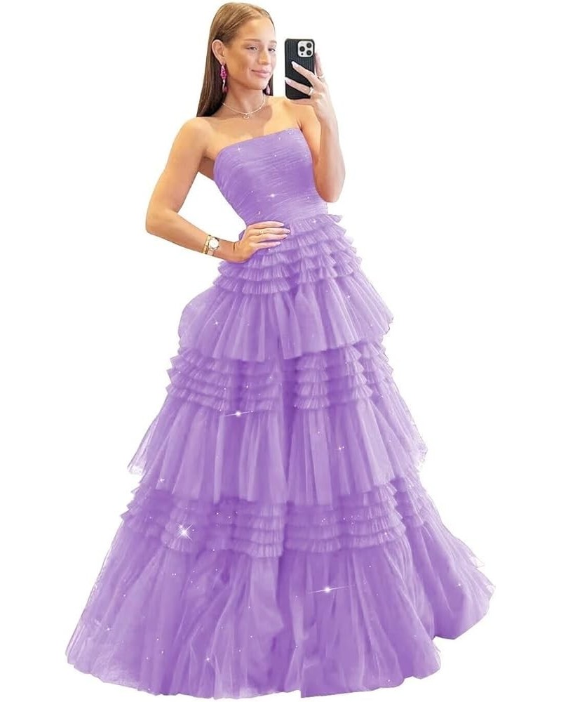 Tiered Tulle Prom Dresses Long Ball Gowns Strapless Formal Dress for Women Evening Party Gowns with Slit Lilac $35.64 Dresses