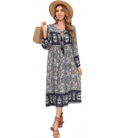 Women's Long Sleeve Floral Print Retro V Neck Tassel Bohemian Midi Dresses Smokeblack $16.37 Dresses