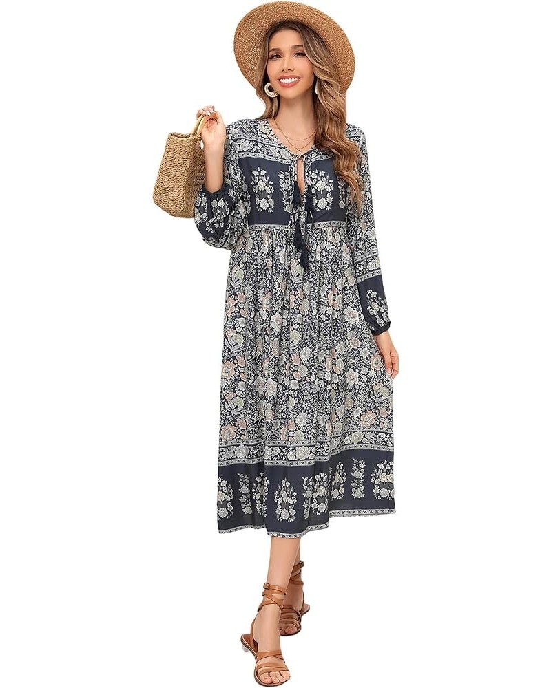 Women's Long Sleeve Floral Print Retro V Neck Tassel Bohemian Midi Dresses Smokeblack $16.37 Dresses