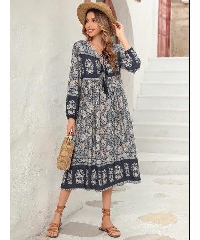 Women's Long Sleeve Floral Print Retro V Neck Tassel Bohemian Midi Dresses Smokeblack $16.37 Dresses