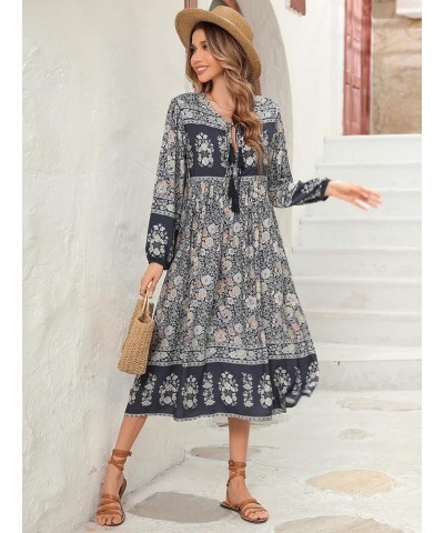 Women's Long Sleeve Floral Print Retro V Neck Tassel Bohemian Midi Dresses Smokeblack $16.37 Dresses