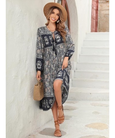 Women's Long Sleeve Floral Print Retro V Neck Tassel Bohemian Midi Dresses Smokeblack $16.37 Dresses