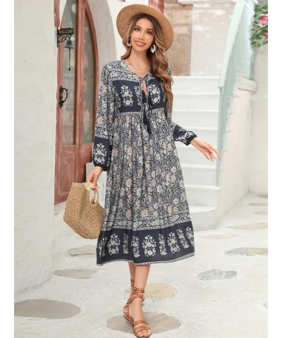 Women's Long Sleeve Floral Print Retro V Neck Tassel Bohemian Midi Dresses Smokeblack $16.37 Dresses