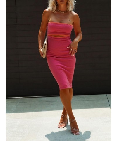 Women Summer Knit Tube Dress Strapless Ribbed Striped Cutout Bodycon Midi Dress Beach Sundress Rose Red $12.87 Dresses