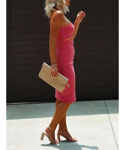 Women Summer Knit Tube Dress Strapless Ribbed Striped Cutout Bodycon Midi Dress Beach Sundress Rose Red $12.87 Dresses