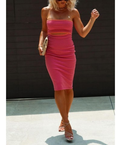 Women Summer Knit Tube Dress Strapless Ribbed Striped Cutout Bodycon Midi Dress Beach Sundress Rose Red $12.87 Dresses