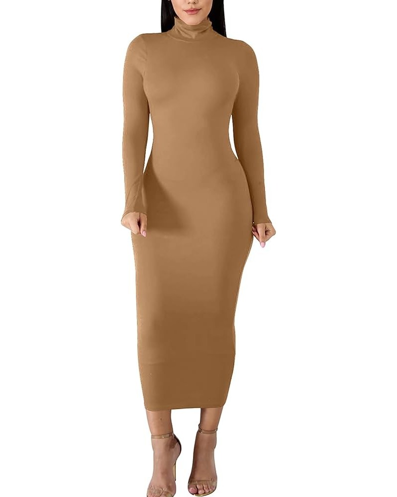 Women's Sexy Basic Long Sleeve Turtleneck Bodycon Party Long Pencil Dress Khaki $18.59 Dresses