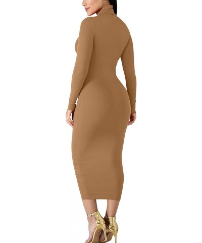 Women's Sexy Basic Long Sleeve Turtleneck Bodycon Party Long Pencil Dress Khaki $18.59 Dresses