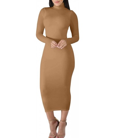 Women's Sexy Basic Long Sleeve Turtleneck Bodycon Party Long Pencil Dress Khaki $18.59 Dresses