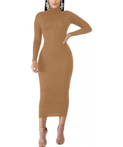 Women's Sexy Basic Long Sleeve Turtleneck Bodycon Party Long Pencil Dress Khaki $18.59 Dresses