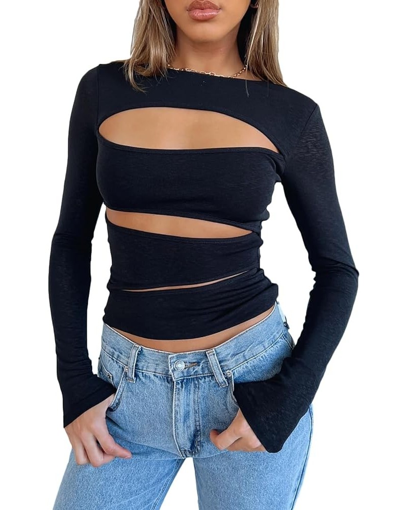 Tight Long Sleeve Shirts for Women Casual Sexy Basic Tee Going Out Streetwear Solid Color Y2K Fitted Crop Top Black-cut Out $...