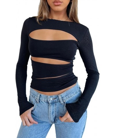 Tight Long Sleeve Shirts for Women Casual Sexy Basic Tee Going Out Streetwear Solid Color Y2K Fitted Crop Top Black-cut Out $...