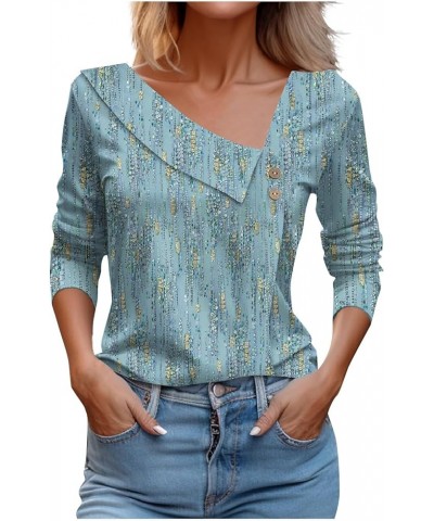 Womens Long Sleeve Shirts Asymmetric Lapel Neck Floral Print Button Blouse Clothing Fall 2023 V Neck Tunic Tops O30-cyan $9.8...