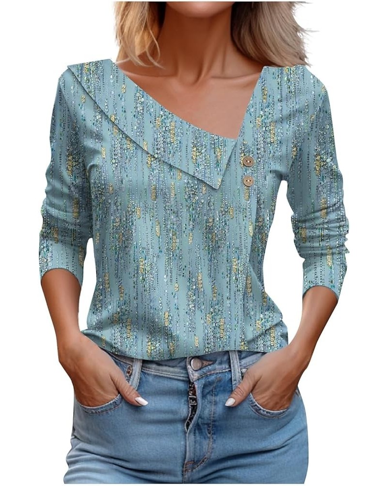 Womens Long Sleeve Shirts Asymmetric Lapel Neck Floral Print Button Blouse Clothing Fall 2023 V Neck Tunic Tops O30-cyan $9.8...