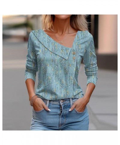 Womens Long Sleeve Shirts Asymmetric Lapel Neck Floral Print Button Blouse Clothing Fall 2023 V Neck Tunic Tops O30-cyan $9.8...