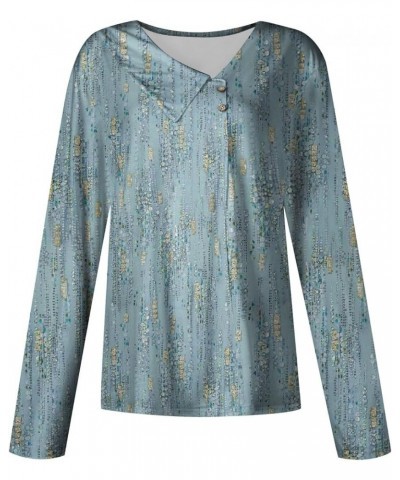 Womens Long Sleeve Shirts Asymmetric Lapel Neck Floral Print Button Blouse Clothing Fall 2023 V Neck Tunic Tops O30-cyan $9.8...