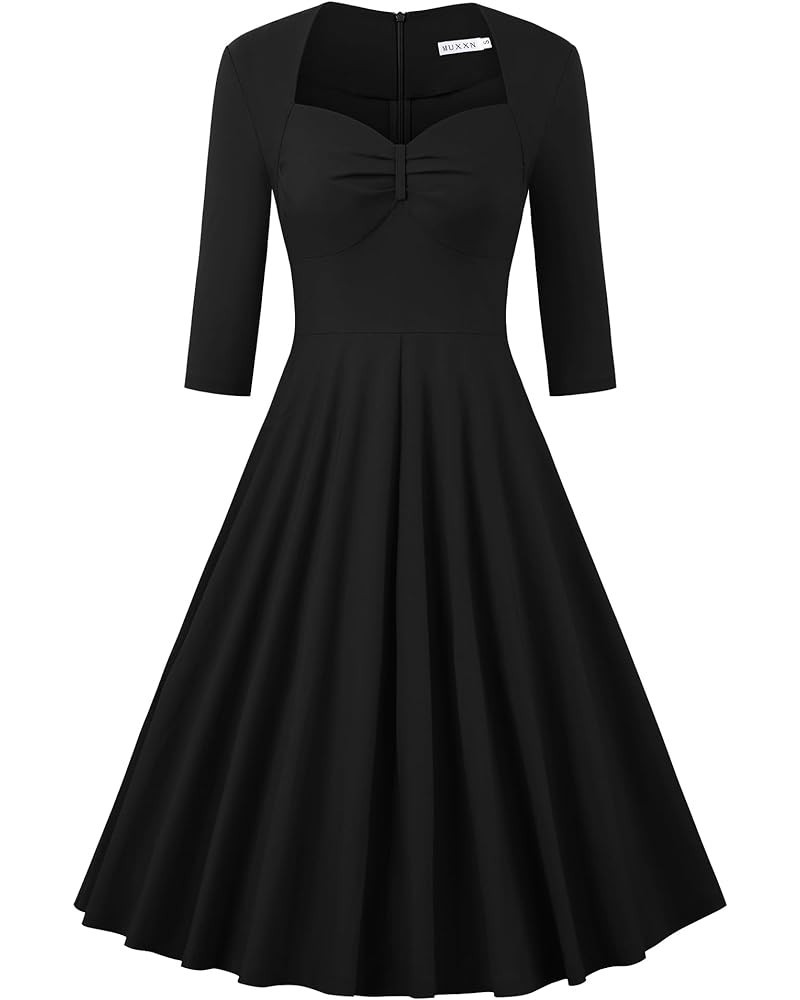 Women's Retro 3/4 Sleeve Midi Sweetheart Neckline Rockabilly Party Vintage Cocktail Swing Dress 9080 Black $19.66 Dresses