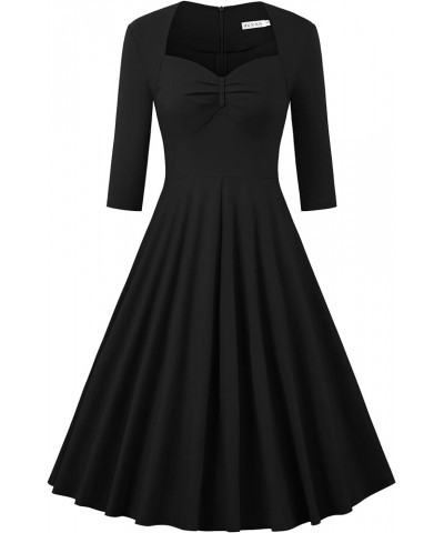 Women's Retro 3/4 Sleeve Midi Sweetheart Neckline Rockabilly Party Vintage Cocktail Swing Dress 9080 Black $19.66 Dresses