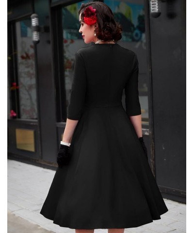 Women's Retro 3/4 Sleeve Midi Sweetheart Neckline Rockabilly Party Vintage Cocktail Swing Dress 9080 Black $19.66 Dresses