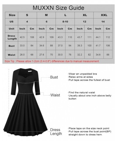 Women's Retro 3/4 Sleeve Midi Sweetheart Neckline Rockabilly Party Vintage Cocktail Swing Dress 9080 Black $19.66 Dresses