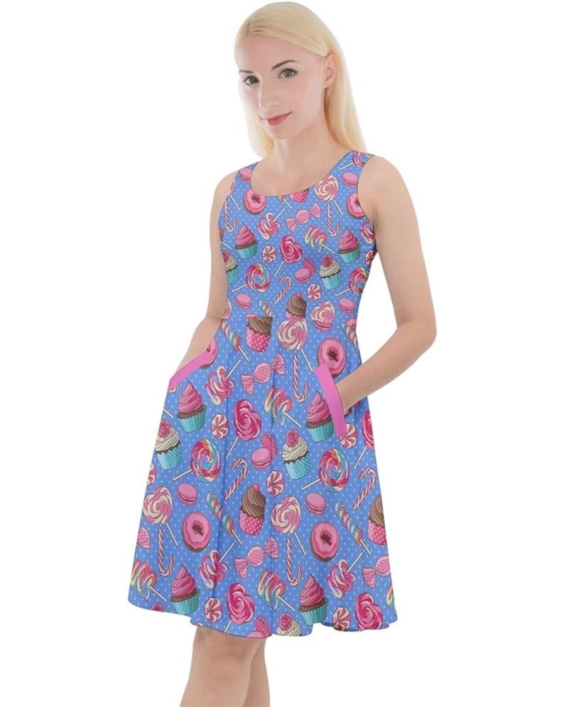 Womens Swing Dress Cookies Lollipop Candy Macaroon Icecream Coffee Dessert Skater Dress with Pockets, XS-5XL Light Steel Blue...