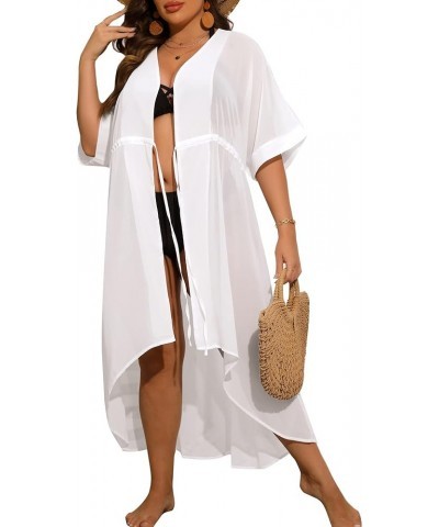 Women Cover Ups Plus Size Swimsuit Chiffon Kimono Long Cardigan Open Front Bathing Suit Summer Flowy Bikini Beachwear White $...