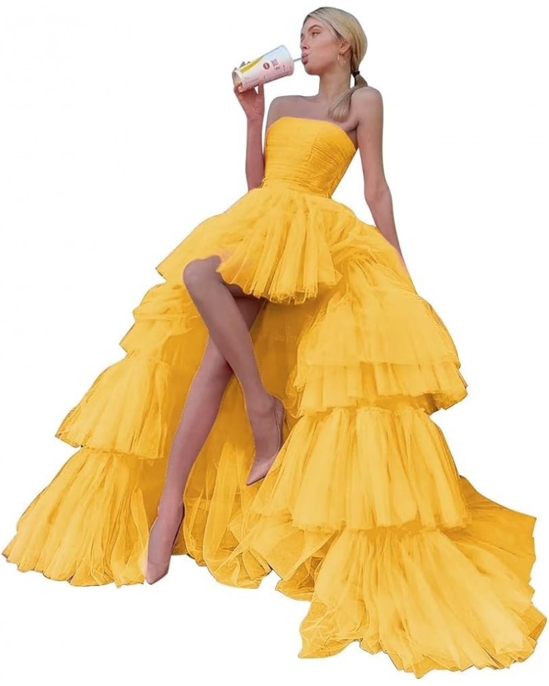 Strapless Tulle Long Prom Dresses Tiered Long for Women High Low Formal Evening Gowns Mustard Yellow $38.33 Dresses