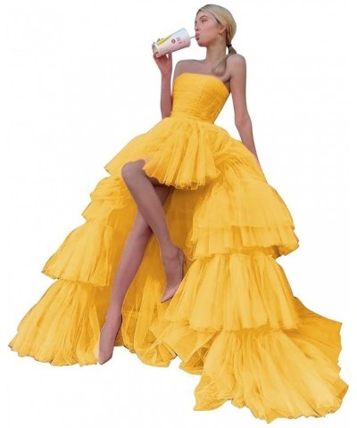 Strapless Tulle Long Prom Dresses Tiered Long for Women High Low Formal Evening Gowns Mustard Yellow $38.33 Dresses