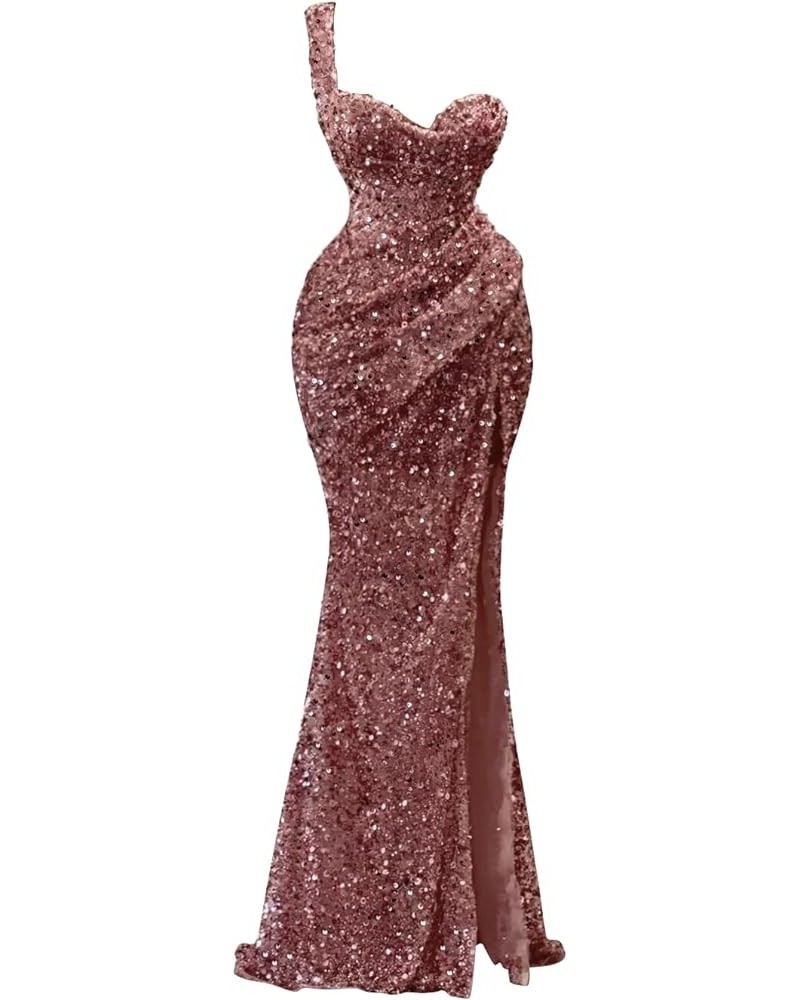 One Shoulder Sequin Prom Dresses 2024 Sparkly Mermaid Slit Evening Party Gowns for Women Formal Desert Rose $37.40 Dresses