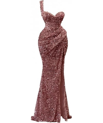 One Shoulder Sequin Prom Dresses 2024 Sparkly Mermaid Slit Evening Party Gowns for Women Formal Desert Rose $37.40 Dresses