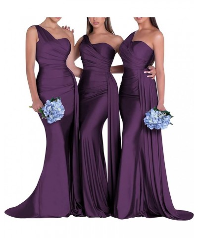 One Shoulder Mermaid Bridesmaid Dresses Long Satin Prom Dress Ruched Wedding Formal Dresses with Train Grape $34.00 Dresses