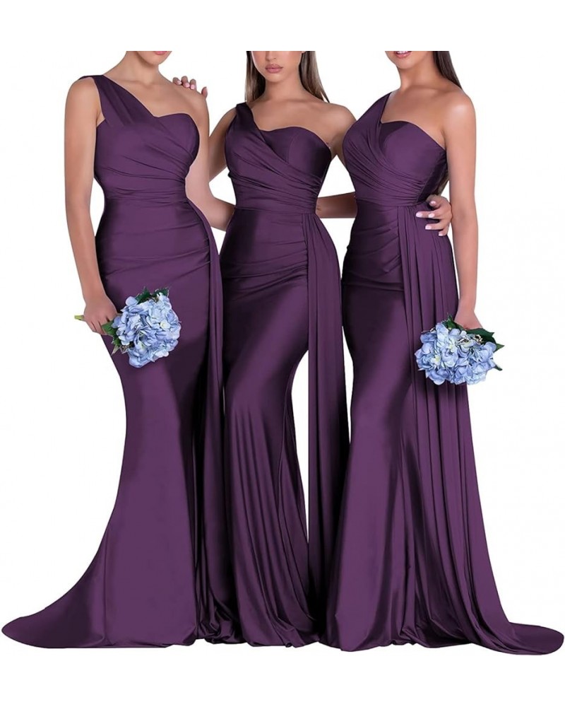 One Shoulder Mermaid Bridesmaid Dresses Long Satin Prom Dress Ruched Wedding Formal Dresses with Train Grape $34.00 Dresses