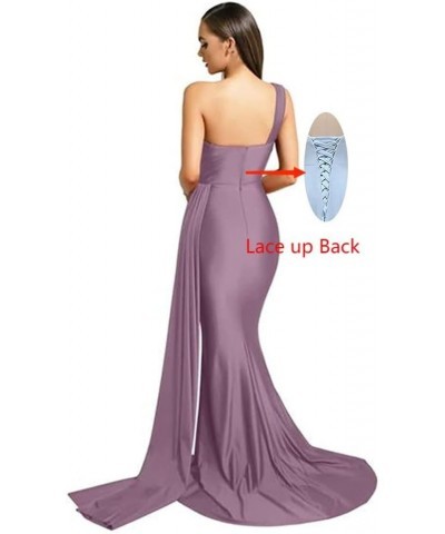 One Shoulder Mermaid Bridesmaid Dresses Long Satin Prom Dress Ruched Wedding Formal Dresses with Train Grape $34.00 Dresses