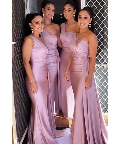 One Shoulder Mermaid Bridesmaid Dresses Long Satin Prom Dress Ruched Wedding Formal Dresses with Train Grape $34.00 Dresses