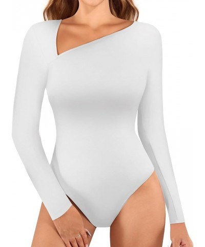 Women Asymmetrical Neck Long Sleeve Basic T shirt Thong Bodysuit Tops Long Sleeve White $13.79 Lingerie