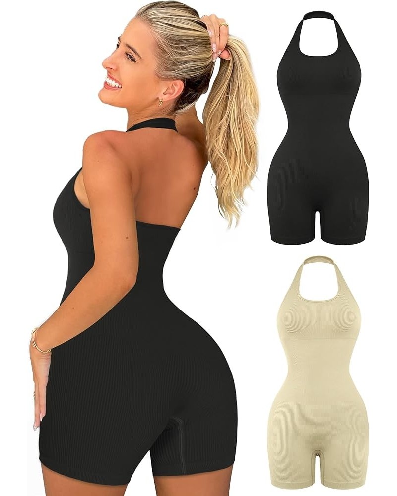 Womens 2 Pack Yoga Jumpsuits Workout Rompers - Sexy Seamless Ribbed Halter Neck Backless Unitrads Bodysuit Gym Onesies Black ...