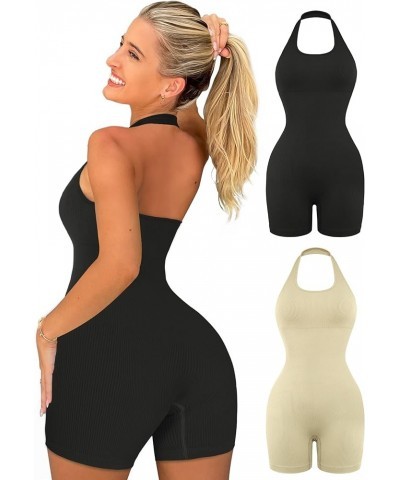 Womens 2 Pack Yoga Jumpsuits Workout Rompers - Sexy Seamless Ribbed Halter Neck Backless Unitrads Bodysuit Gym Onesies Black ...