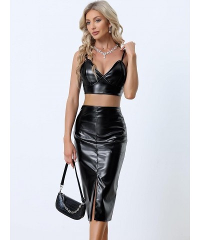 Women's Faux LeatherTop Cocktail Party Crop Cami Bodycon Pencil Skirt 2 Piece Outfit Skirt Set Black $16.38 Suits